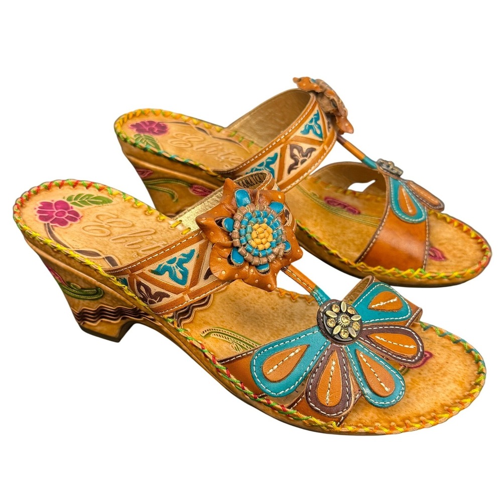 Elite by Corky's Pacific Sz 7 Sandals Turquoise Tropical Leather Jamaica Boho